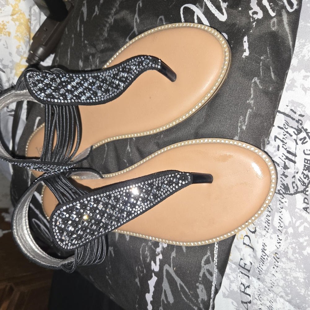 Black and Tan Braided T-Strap Sandals